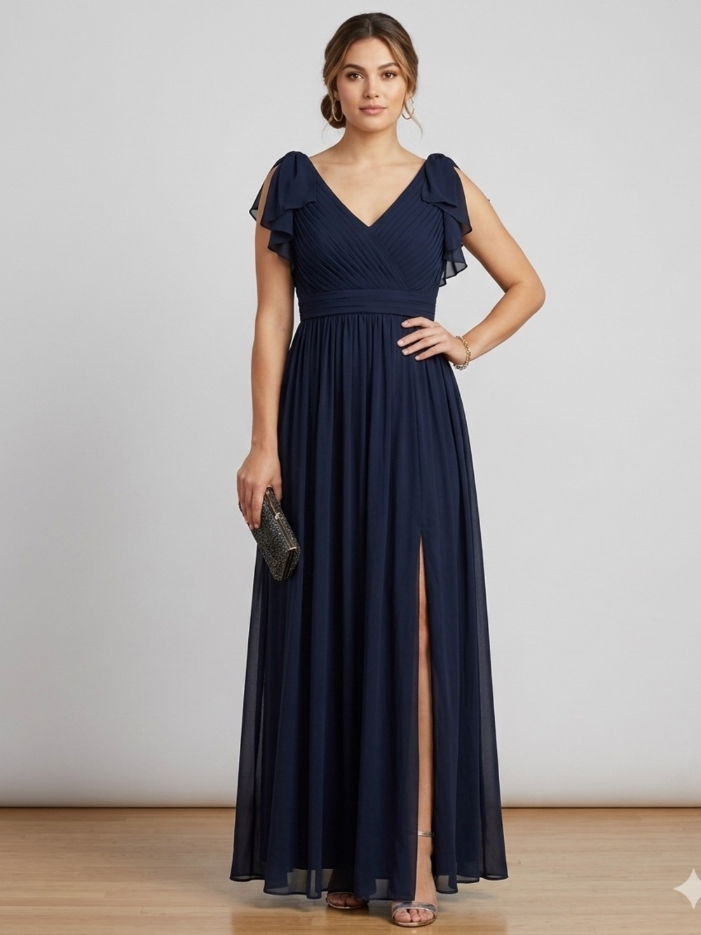 Adrianna Papell Midnight Blue Shirred Tulle Pleated Flutter Sleeve Formal Sz 2